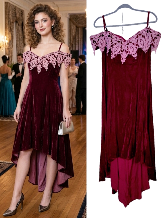 Vintage Dresses & Skirts - VTG 80s Burgundy Velvet Pink Brocade High Low Midi Prom Dress SZ 15/ 16